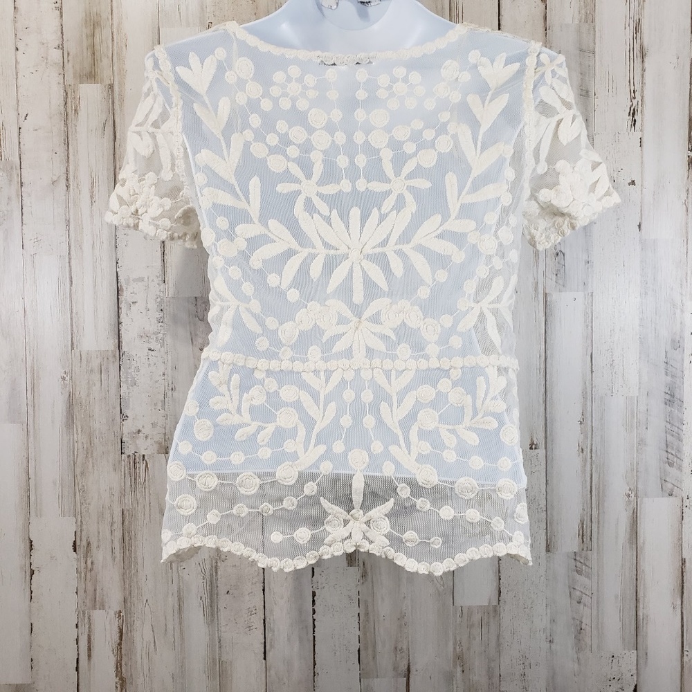 ZARA Collection Womens Top Ivory Sheer Mesh Floral - Picture 3 of 7